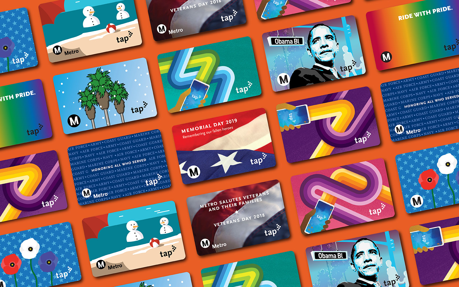 A variety of colorful commemorative Metro TAP Cards are arranged in a diagonal repeating pattern against an orange background.